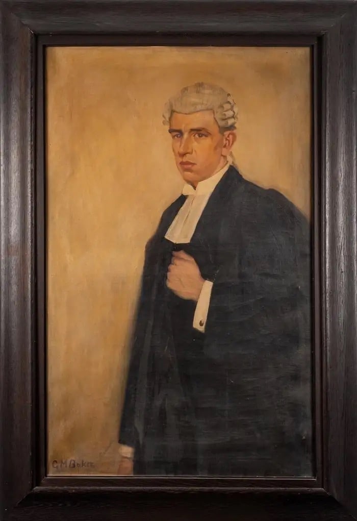 The Barrister Fine Antique English Huge Oil Painting Portrait of Lawyer Gent: The Barrister (the sitter is James Guy Baker, the artists brother). by Gladys Marguerite Baker (British, 1889-1959) signed oil painting on canvas, framed framed: 146cm x 101cm canvas: 118cm x 73cm con