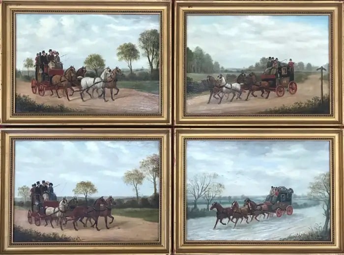 Set of 4 Fine Victorian Coaching Scene Original Oil Paintings, Coach & Horses c. 1870's: Artist/ School: English School, circa 1870's, circle of Charles Cooper Henderson (British, 1803-1877) Charles Cooper Henderson was one of the greatest coaching painters of the nineteenth century. Born