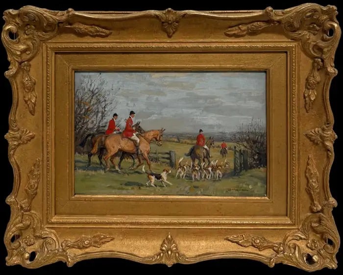 Fine Antique English Sporting Oil Painting Hunting Scene with Riders and Hounds Mid 19th Century: The Hunting Party with Riders and Hounds, antique English Oil Painting by John Sanderson Wells (British, 1872–1955) Signed oil on board, framed Framed: 13 x 16 inches Board: 10 x 13 inches Private c