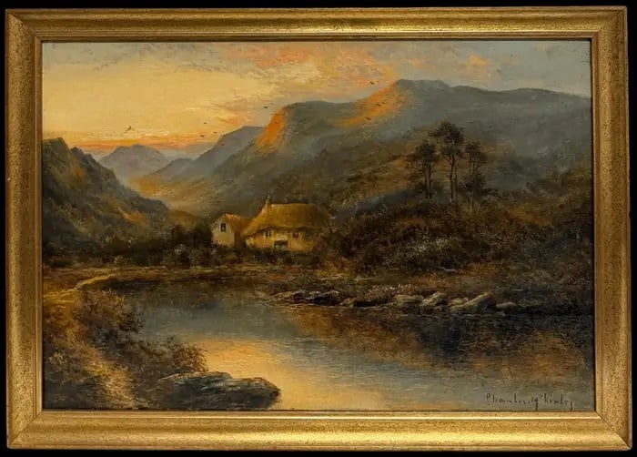 Antique Scottish Mountain River Landscape with Cottage at Sunset Oil Painting 19th Century: Scottish Mountain River Landscape with Cottage at Sunset Oil Painting by Charles McKinley (British, late 19th century/ early 20th century) Oil on canvas, signed, framed Framed: 18.5 x 26 inches Canvas