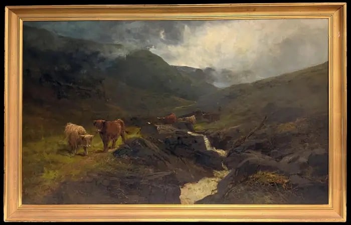 Huge Antique Oil Painting Highland Cows In Scottish River Flowing Landscape 1894: Crossing Borderland by Thomas Henry Gibb ( British, 19th century ) inscribed verso dated 1894 signed oil on canvas, framed framed: 31 x 49.5 inches canvas: 28 x 46.5 inches Provenance: private collect