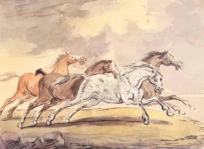 Fine English School Ink & Watercolor Galloping Horses Study Dynamic Racing Scene: 1780's-1800 Fine English School Ink & Watercolor Galloping Horses Study Dynamic Racing Scene Late 18th / Early 19th Century English School circa 1780–1800 ink drawing with watercolour wash on artist