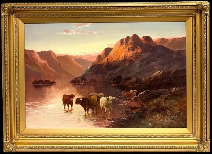 Antique Oil Scottish Highlands Oil Painting Cattle in Sunset Loch Warm Mountains 1920's: The Close of Day by F. E. Jamieson (British 1895-1950) signed (with one of the artists pseudonyms) oil on canvas, framed framed: 21 x 26 inches canvas: 16 x 24 inches provenance: private collection, U