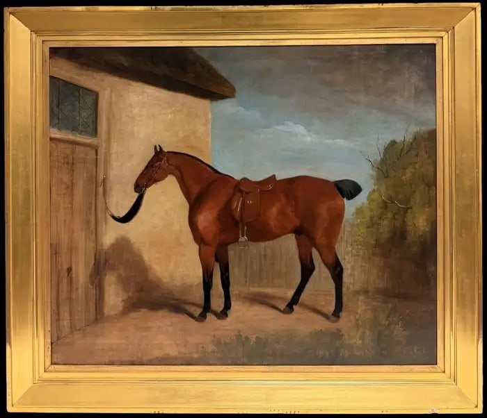 Fine 1840's English Sporting Art Oil Painting Portrait of Saddled Horse c. 1840: Portrait of a Saddled Horse in a Stableyard English School, circa 1840 period circle of John E. Ferneley Snr. (1782-1860) oil painting on canvas, framed canvas: 25 x 30 inches framed: 30 x 35 inches c