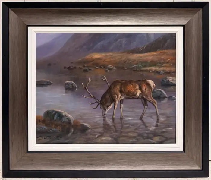 Majestic Scottish Stag in Highland Landscape Signed Original Oil Painting 1967: The Highland Stag original painting by John Trickett (1952-) British. signed oil on canvas, framed framed: 24 x 28 inches canvas: 16 x 20 inches Provenance: private collection Condition: very good con
