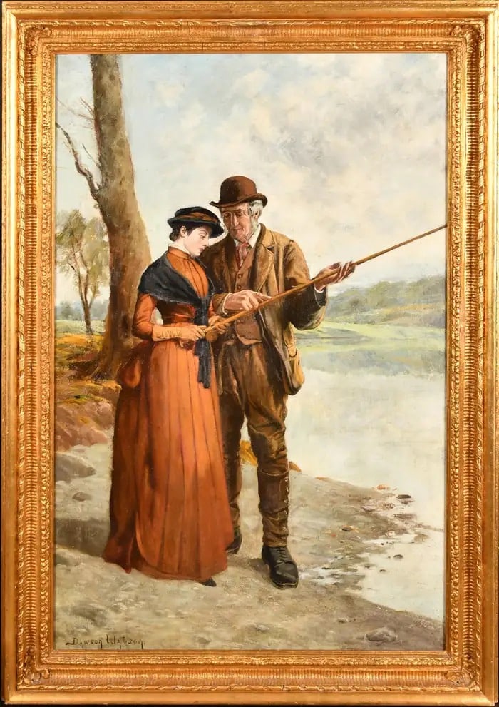 Large Victorian Oil Painting Young Lady Fishing Lesson Highland River Landscape: The Fishing Lesson by John Dawson Watson (1832-1892), signed oil painting on canvas: 33" x 22" (83.8 x 55.8cm) gilt framed condition: excellent provenance: formerly with Christies Auction, London, pri