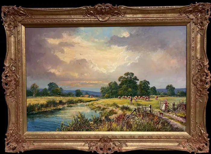 Large Traditional English Summer Pastoral Cattle River Landscape Oil Painting: Pastoral Meadows by Don Vaughan (British, 20th century) signed oil on canvas, framed framed: 26 x 36 inches canvas : 21 x 30 inches Provenance: private collection, Surrey, England Condition: very good