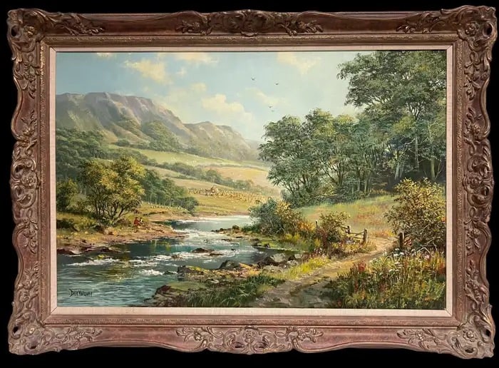 Large Traditional English Summer River Landscape Oil Painting Harvest & Picnic: Summertime Harvest by Don Vaughan (British, 20th century) signed oil on canvas, framed framed: 25 x 35.5 inches canvas : 20 x 30 inches Provenance: private collection, Surrey, England Condition: very 