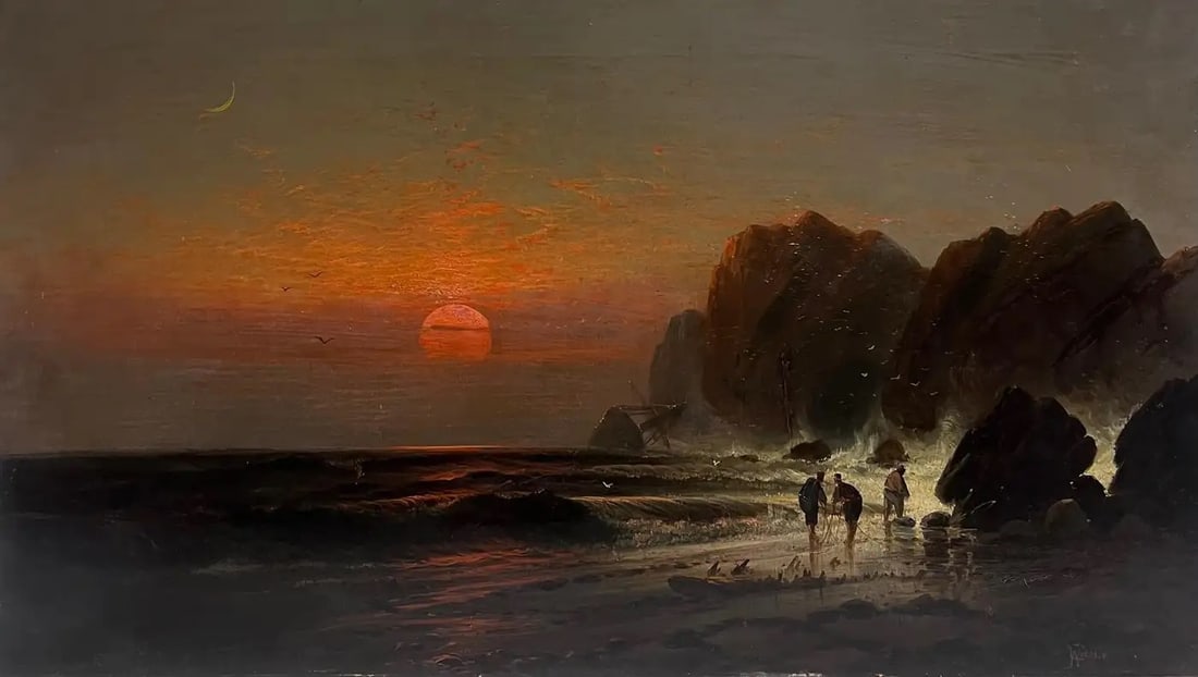 Fine Very Large 19th Century English Marine Oil Painting Wreckers Sunset Coast 1870's: Wreckers on the Beach by Charles Webster (British. 19th century) signed, oil on canvas, unframed canvas : 24 x 42 inches Provenance: private collection, England Condition: very good condition For more