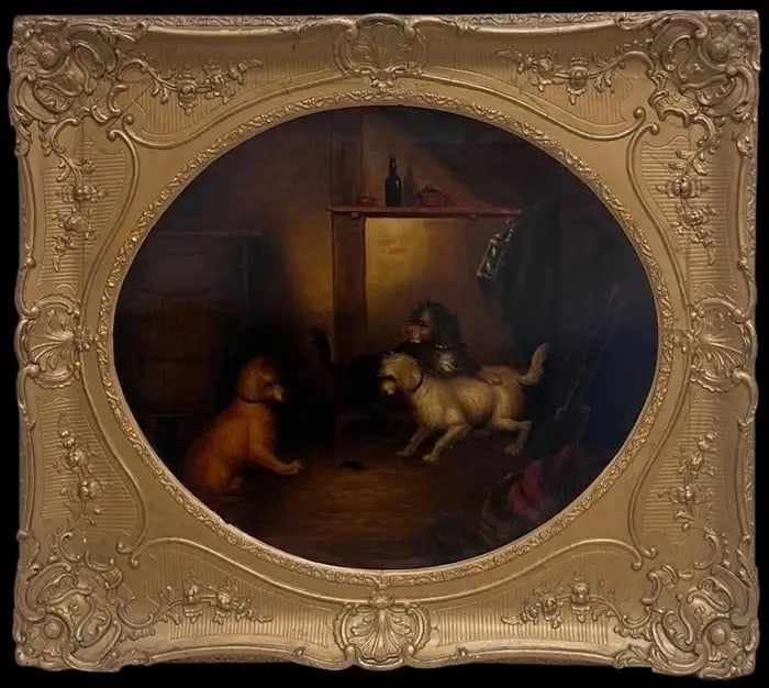 Fine Mid 19th Century Victorian Oval Oil Painting Terrier Dogs in Barn Interior (1 of 8)