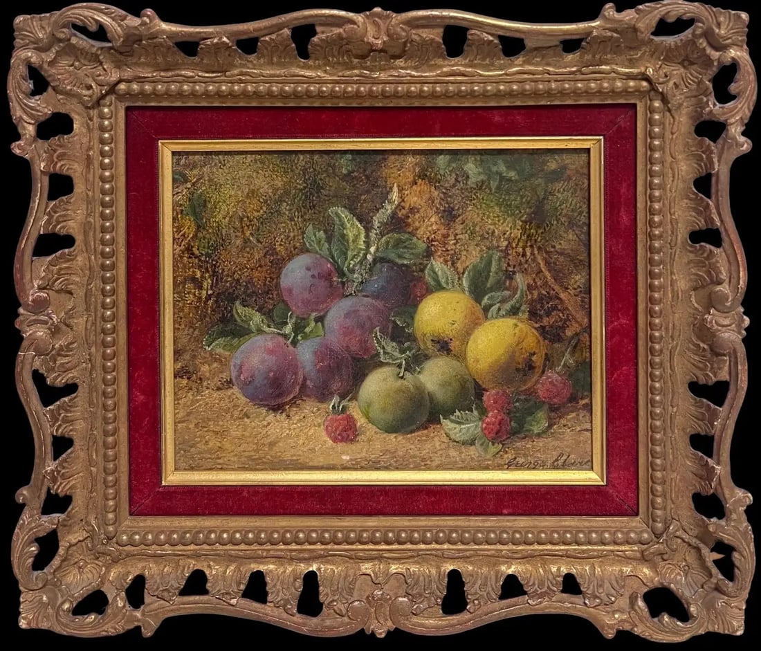 Fine Victorian English Still Life Oil Painting Fruit on the Ground Beautiful: Still Life of Fruit by George Clare (1830-1900) *see notes below signed oil on canvas, framed framed: 12 x 14 inches canvas : 7 x 9 inches Provenance: private collection, UK Condition: very good condi