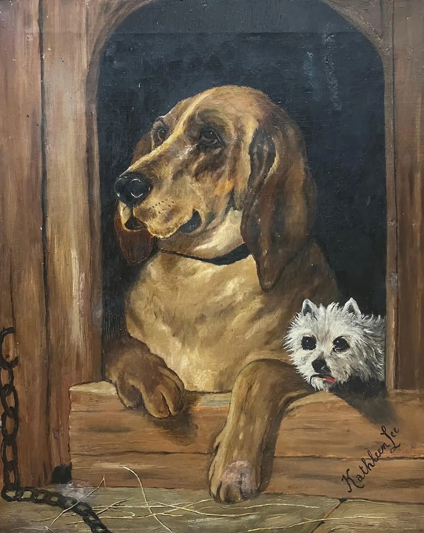Antique Portrait of Hound and Terrier Dogs in Kennel Oil Painting after Landseer: Kennel Companions British School, late 19th century Kathleen Lee, after the painting by Edwin Landseer signed oil on canvas, unframed Canvas: 20 x 16 inches Provenance: private collection, England Con
