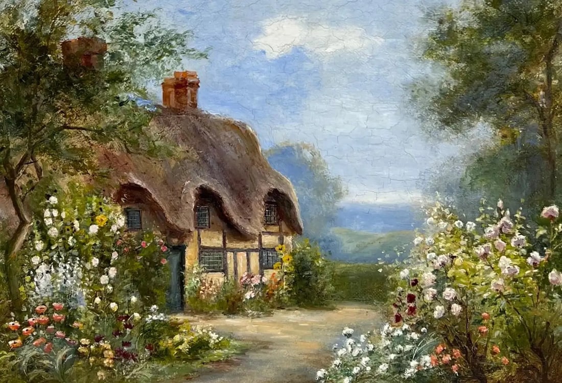 Charming Victorian Signed Oil Painting Thatched Cottage Hollyhocks Garden: The Cottage Garden by Eva Walbourn (1872-1927) *see notes below signed lower right oil on canvas, framed framed: 15.5 x 19 inches canvas : 10 x 14 inches Provenance: private collection, England Condit