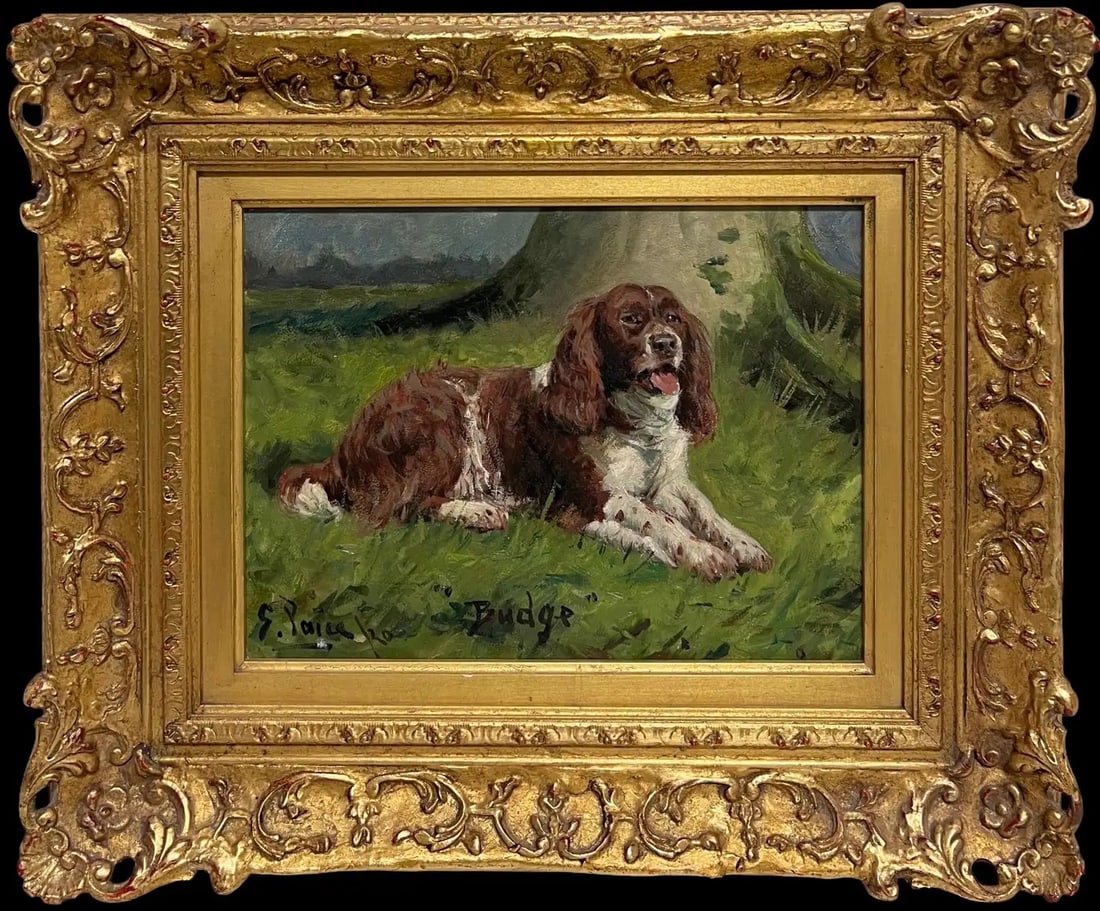 Antique English Dog Oil Painting Portrait of Springer Spaniel Titled Dated 1920 1920: 'Budge' Portrait of a Spaniel Dog (Springer spaniel?) by George Paice (1854-1925) British Artist *see notes below signed and dated 1920 oil on canvas, framed framed: 16 x 19 inches canvas : 9.5 x 12 i