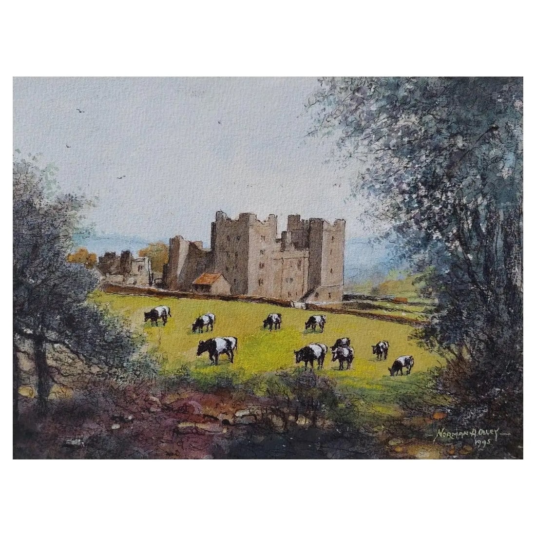 Traditional English Painting Bolton Castle in Yorkshire, England 20th Century: Artist/ School: Norman A. Olley ( British, 20th Century, 1908-1996), 1995, signed to the front and inscribed verso Title - Bolton Castle, Yorkshire, England. Cattle grazing the fields below the 14th C