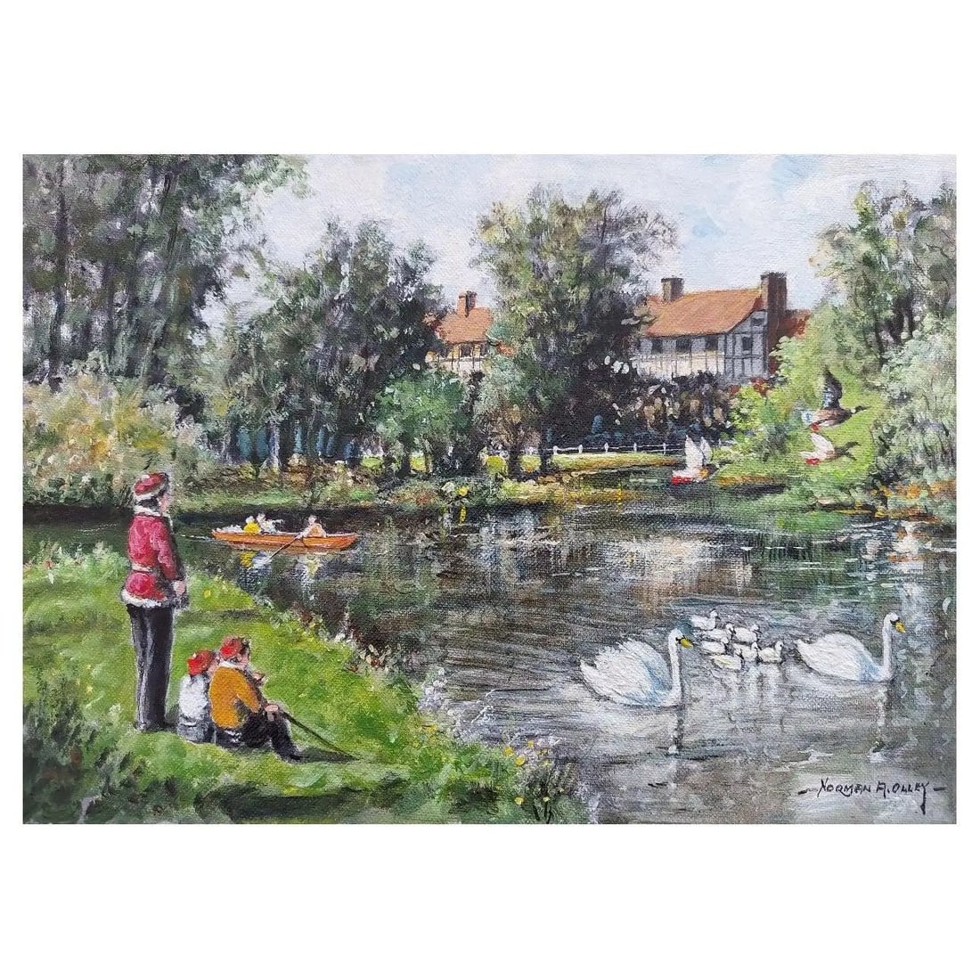 Traditional English Painting By the River Mole, East Molesey, Surrey England 20th Century: Artist/ School: Norman A. Olley ( British, 20th Century, 1908-1996), undated, signed to the front and inscribed verso Title - By the River Mole, East Molesey, Surrey, England Figures on the river bank