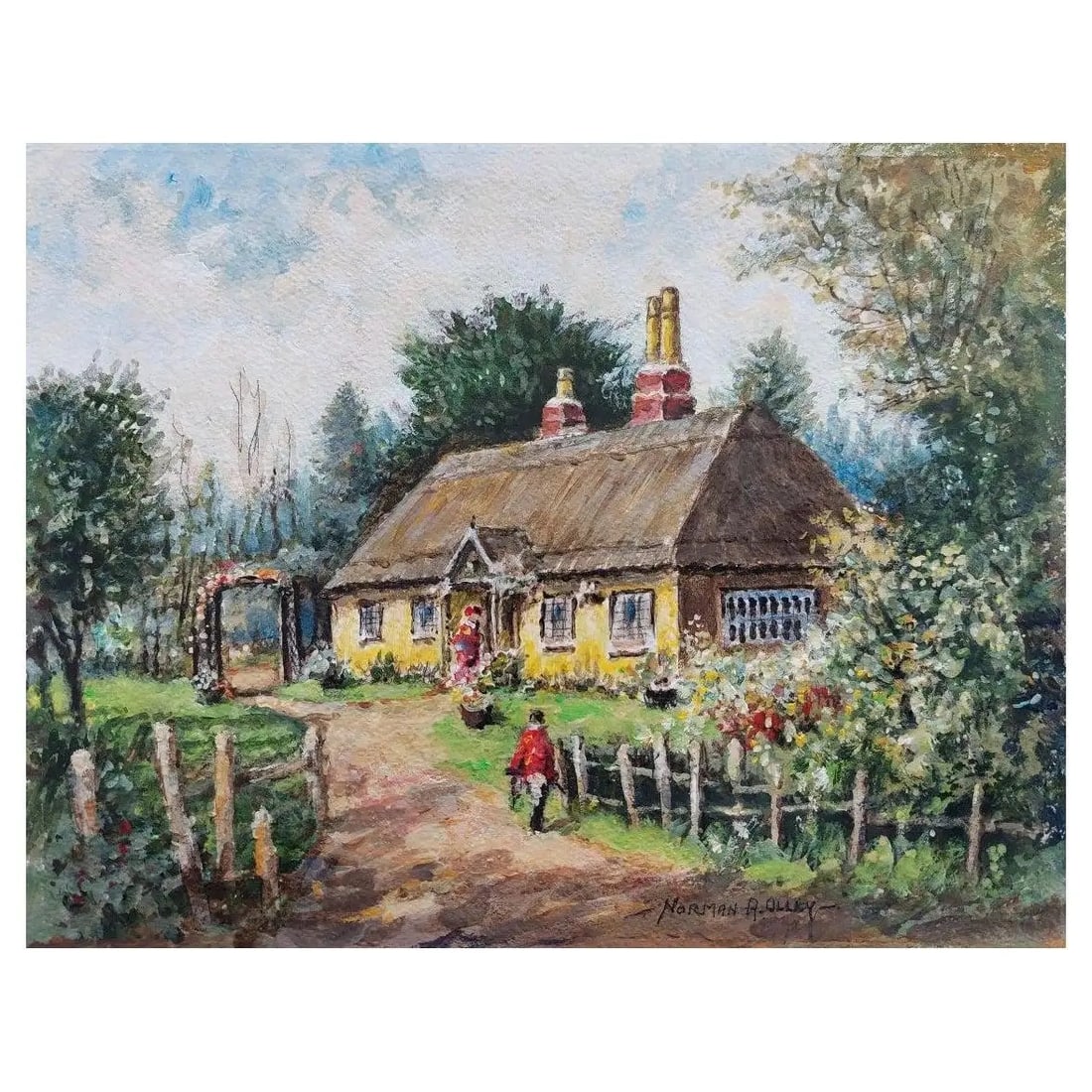 Traditional English Painting Thatched Cottage Wrotham Hill, Kent, with Figures 20th Century (1 of 10)