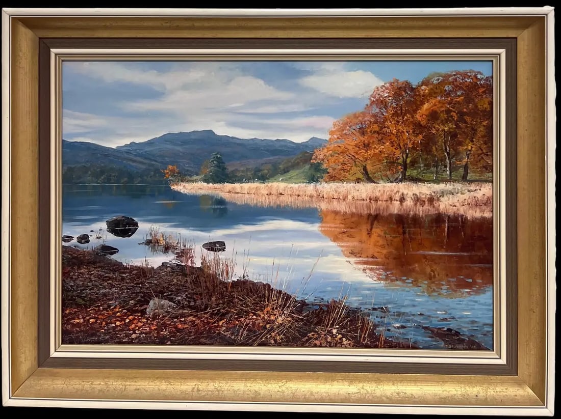 Rydal Water English Lake District Large Signed English Oil Painting Autumn Light 1988: Rydal Water by Arthur Terry Blamires (English, born 1930) signed oil on board, framed titled verso framed: 22 x 30 inches board : 27 x 25 inches Provenance: private collection, Cumbria, Lake District,