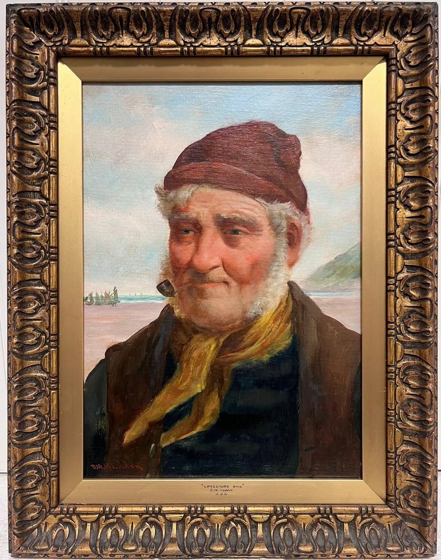 The Cornish Fisherman Antique English Signed Oil Painting Portrait of Sea Man: "Longshore Bill" by David W. Haddon, British early 1900's signed oil on board , framed framed: 18 x 14 inches board: 15 x 12 inches provenance: private collection, UK condition: very good and sound co