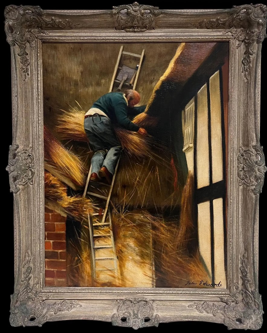 The Thatcher Traditional English Rural Crafts Oil Painting Portrait Straw Roofer: The Thatcher by John Edwards (England, 1940 - 2020) signed oil on canvas, framed framed: 29 x 23.5 inches canvas : 23 x 18 inches Provenance: private collection, England Condition: very good condition