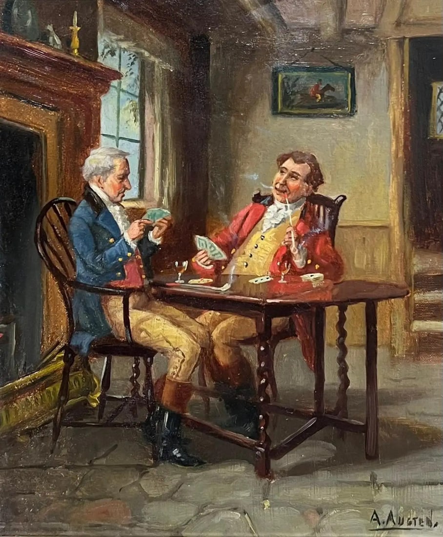 Card Game in the Parlour Charming Victorian Genre Interior Scene Oil Painting: Card Game in the Parlour by ALEXANDER AUSTEN (1859-1924) signed oil on canvas, framed framed: 17 x 15 inches canvas: 12 x 10 inches Provenance: Private collection, Yorkshire, England Condition: overal