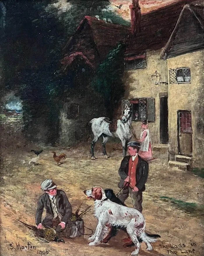Fine Antique English Oil Painting Village Lane with Tavern Dogs & Young Lads 1906: "Lads in the Lane" by Sylvester Martin (British 1856-1906) signed dated 1906 titled oil on canvas, framed in antique oak wood frame framed: 13.75 x 12 inches canvas: 10 x 8 inches provenance: private 