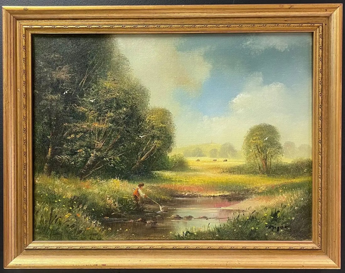 Signed English Oil Summer Meadows & Stream with Boy Fishing with Net c.2000: Fishing the Stream by Ted Dyer, British artist, 21st Century Oil painting on canvas, framed Signed by artist framed size: 14.5 x 18.5 inches canvas: 12 x 16 inches Ted Dyer is one of the UK's best kno