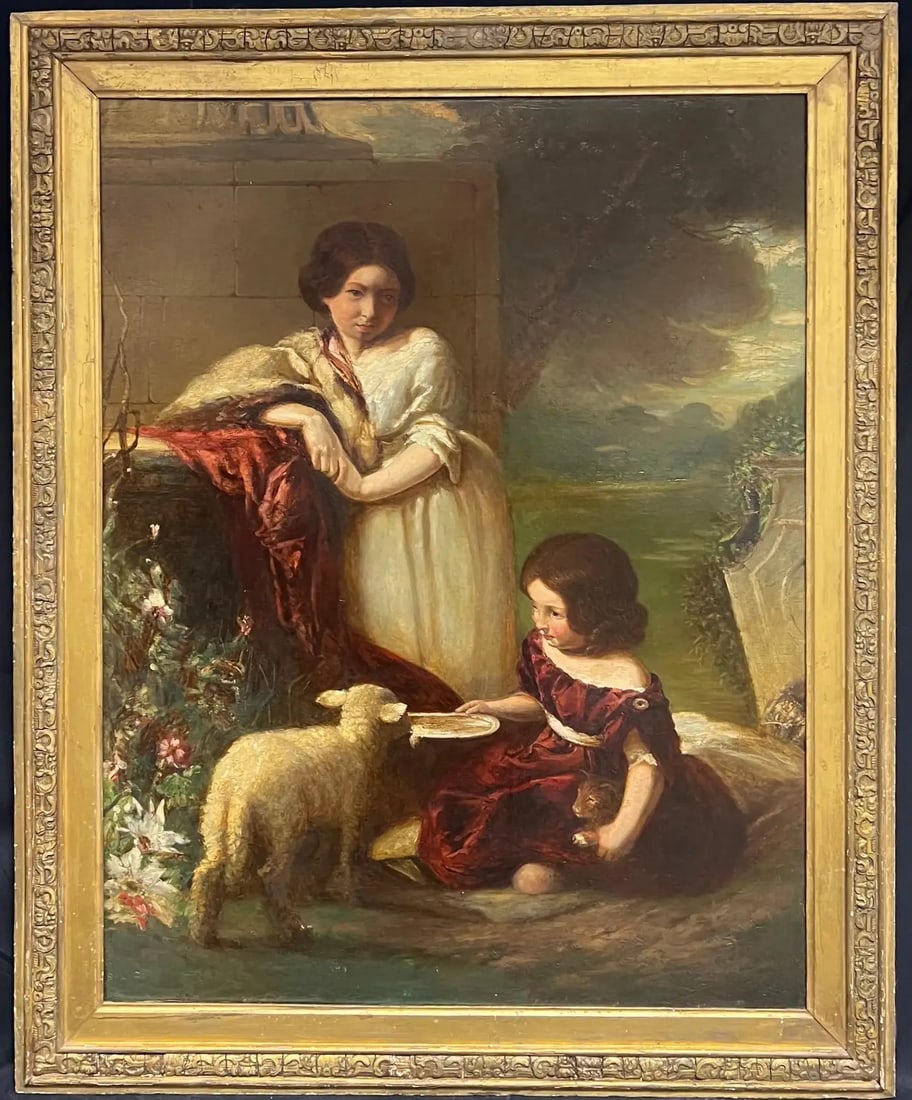 Victorian Pastoral Scene Children with Pet Lamb & Cat 19th-Century Large Oil 1847: Feeding the Lamb by William Underhill ( 1808-1908) British signed and dated 1847 Inscribed on a label verso ' Granny ( Clementine Cooper) feeding the lamb with her sister Ellon Butler who did not marr