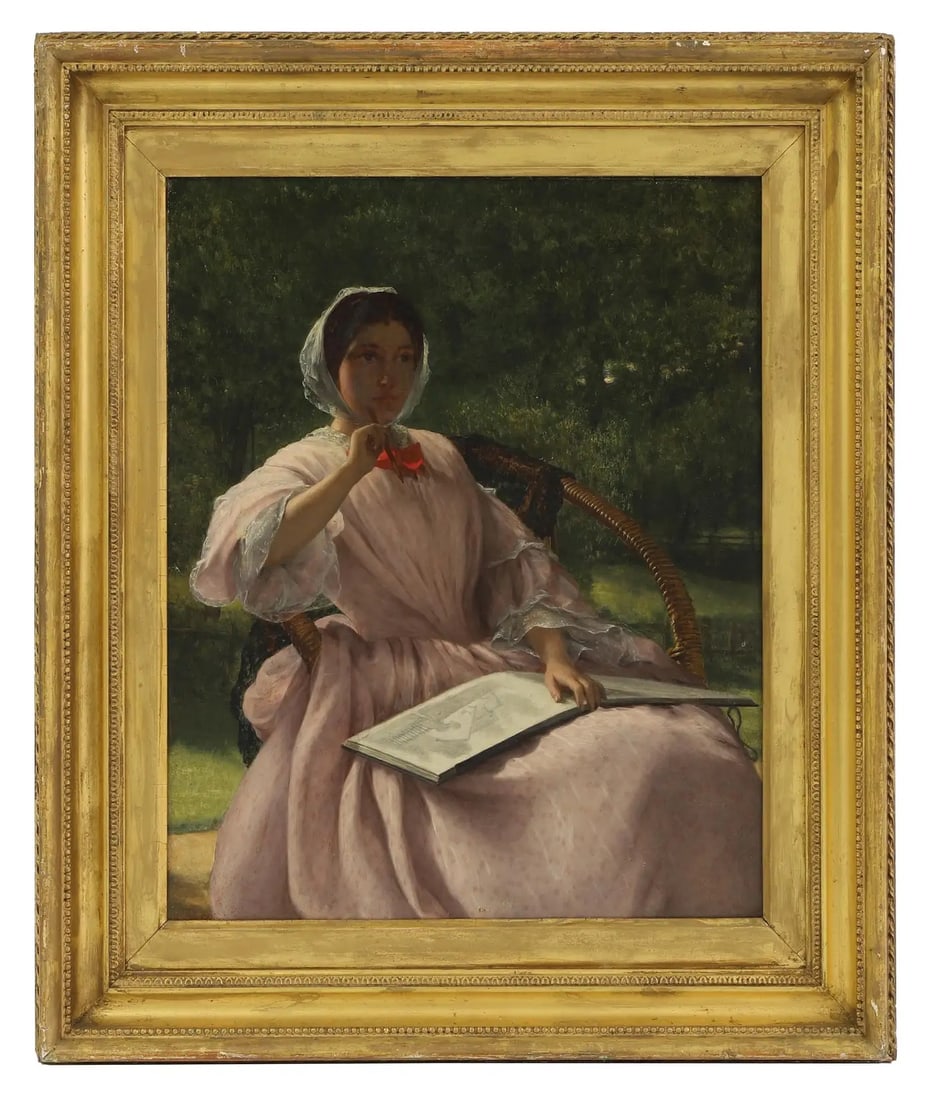 Large Victorian Signed Oil Painting Lady Artist Seated Sketching in Garden 1862 1862 (1 of 10)