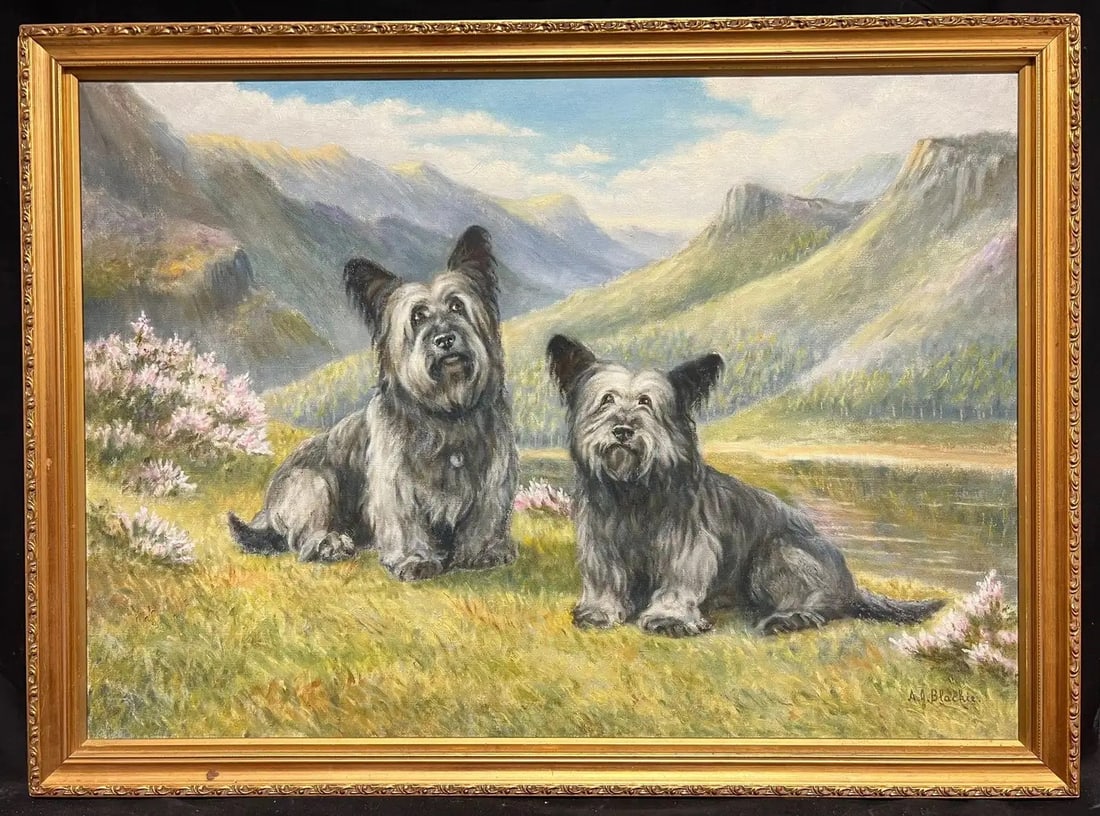 Two Skye Highland Terriers Dogs in Scottish Highlands Landscape signed painting (1 of 12)