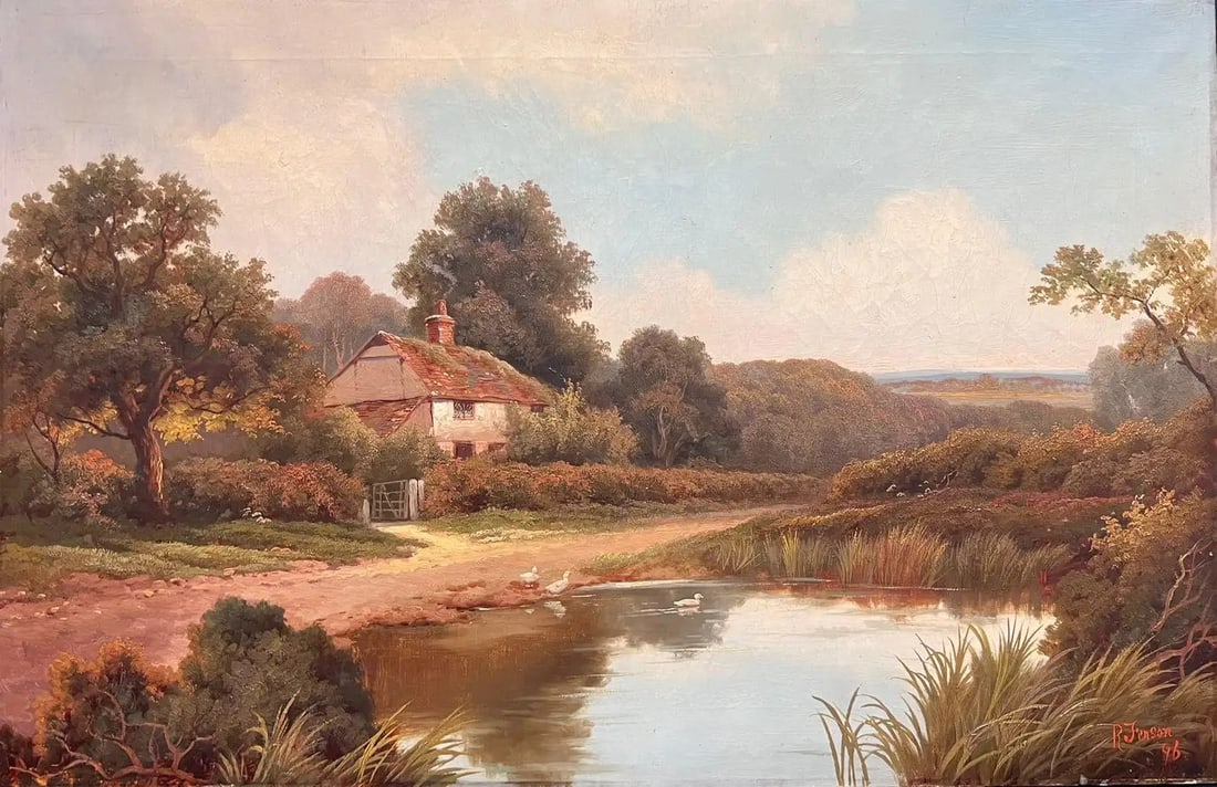 19th Century English Signed Oil Painting Cottage by the Village Duck Pond 1896: The Village Duck Pond by R. Fenson, British signed and dated 1896 oil on canvas, unframed canvas: 20 x 30 inches provenance: private collection, England condition: very good and sound condition