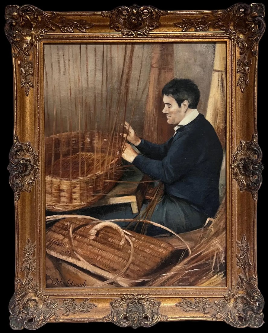 The Basket Weaver Traditional English Rural Crafts Oil Painting Portrait: The Weaver by John Edwards (English, 1940 - 2020) signed oil on canvas, framed framed: 29 x 23.5 inches canvas : 23 x 18 inches Provenance: private collection, England Condition: very good condition F