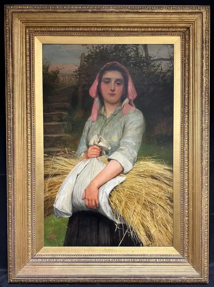 Huge Victorian Oil Painting by Famous Artist Portrait Country Girl in Harvest 1890: The Gleaner by Charles Sillem LIDDERDALE (British, 1831-1895) signed & dated 1890 oil painting on canvas, framed in what we believe to be the original frame framed: 51.5 x 37.5 inches canvas: 41.5 x 2