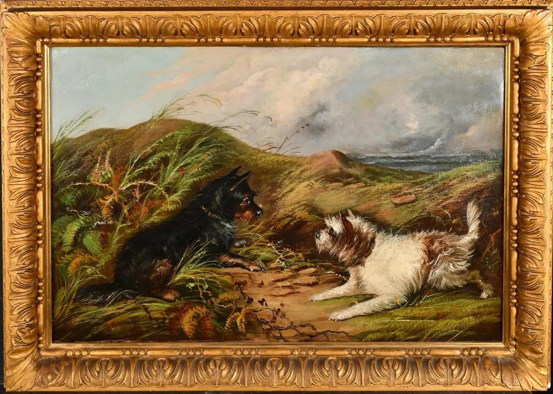 Signed Victorian Oil Painting Terrier Dogs by Rabbit Hole Coastal Sand Dunes 19th century (1 of 4)