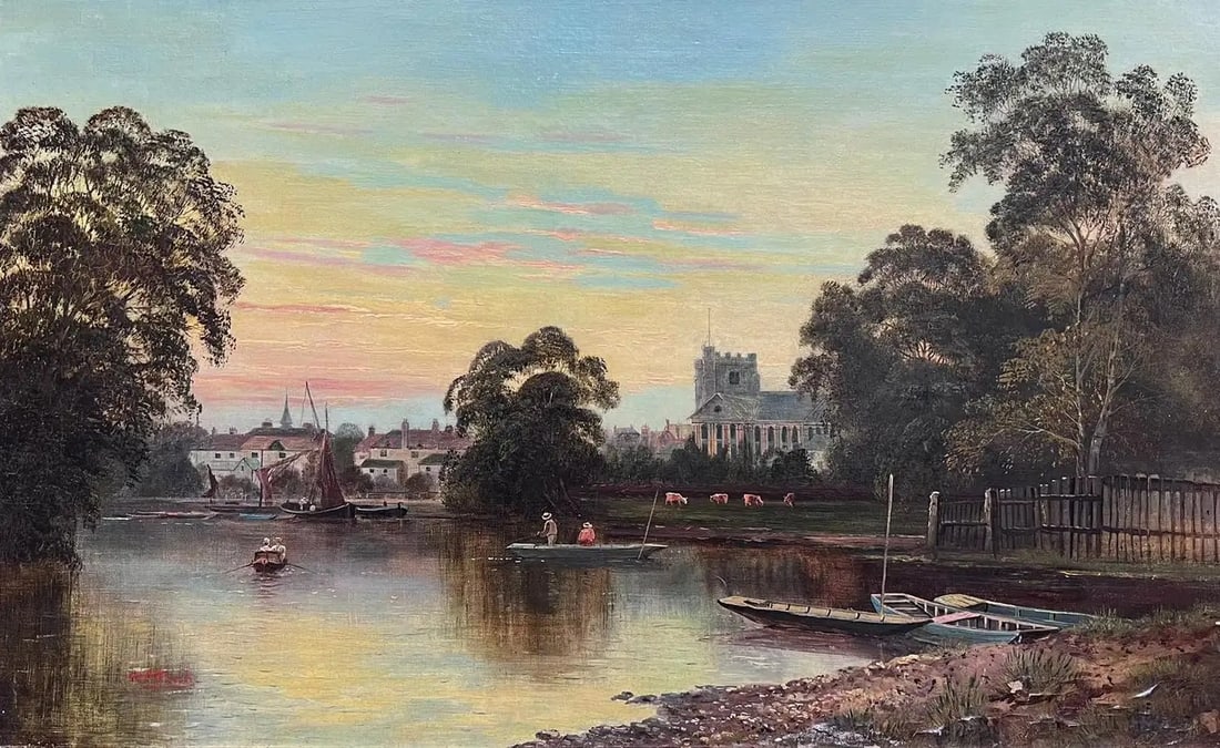 Windsor/ Eton on the River Thames Sunset Antique Signed English Oil Painting: The River Thames at Eton/ Windsor British artist, late 19th century signed oil on canvas, framed framed: 18.5 x 28.5 inches canvas: 16.5 x 26 inches provenance: private collection, UK condition: very 