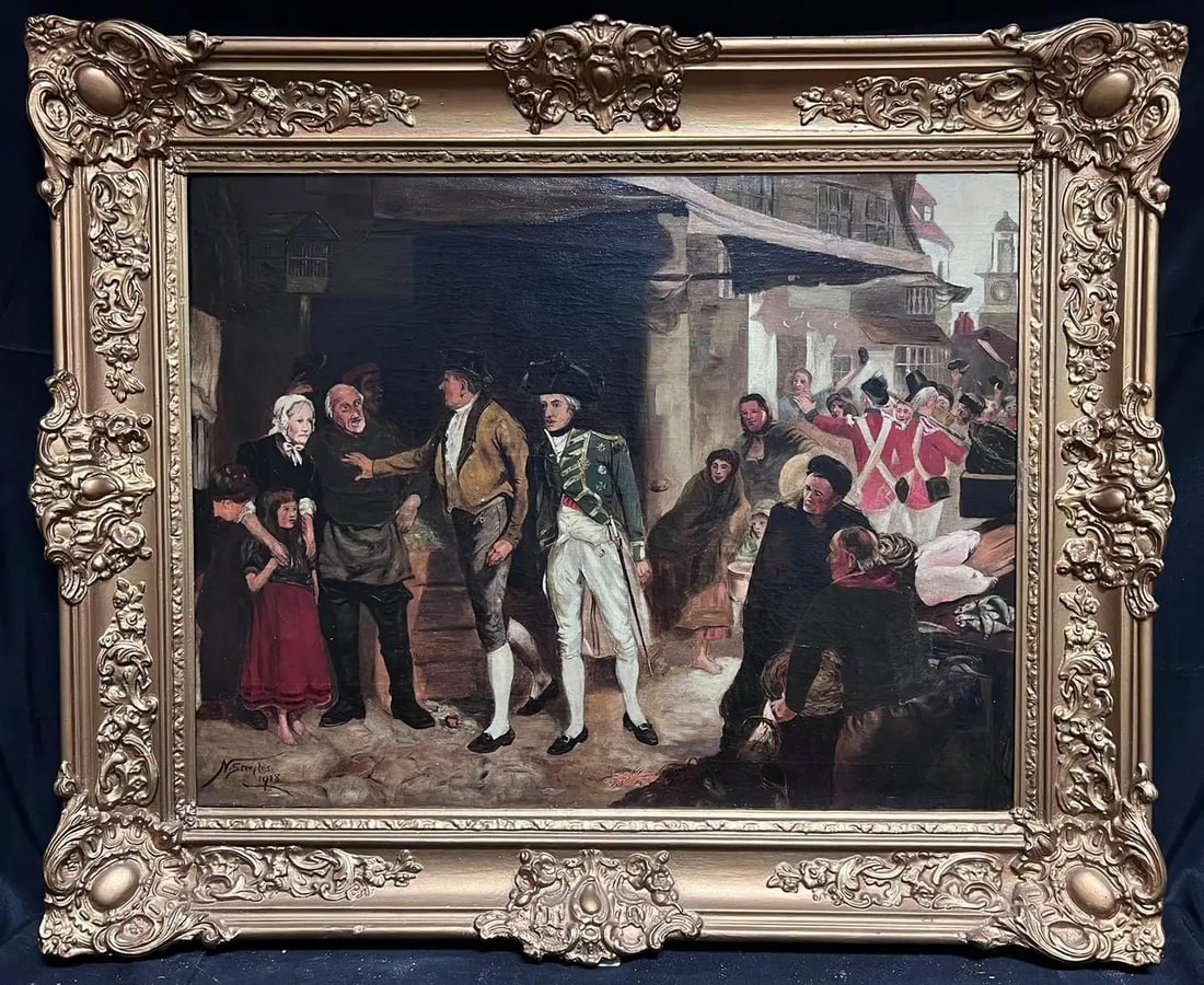 Admiral Lord Nelson in Village High Street with Crowds Signed Antique Oil: Lord Nelson British artist, signed and dated lower corner signed oil on canvas, framed dated 1918 framed: 31 x 37.5 inches canvas: 22 x 30 inches provenance: private collection, England condition: ver