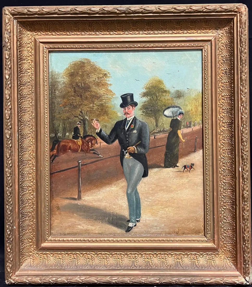 Victorian Oil Charming London Park Scene with Dapper Gentleman Smoking & Horses 1895: Dapper Gentleman in the London Park by Philip Henry Rideout (British, late 19th century) signed & dated 1895 oil on canvas, framed Framed: 17.5 x 14.5 inches Canvas : 12 x 10 inches Provenance: privat