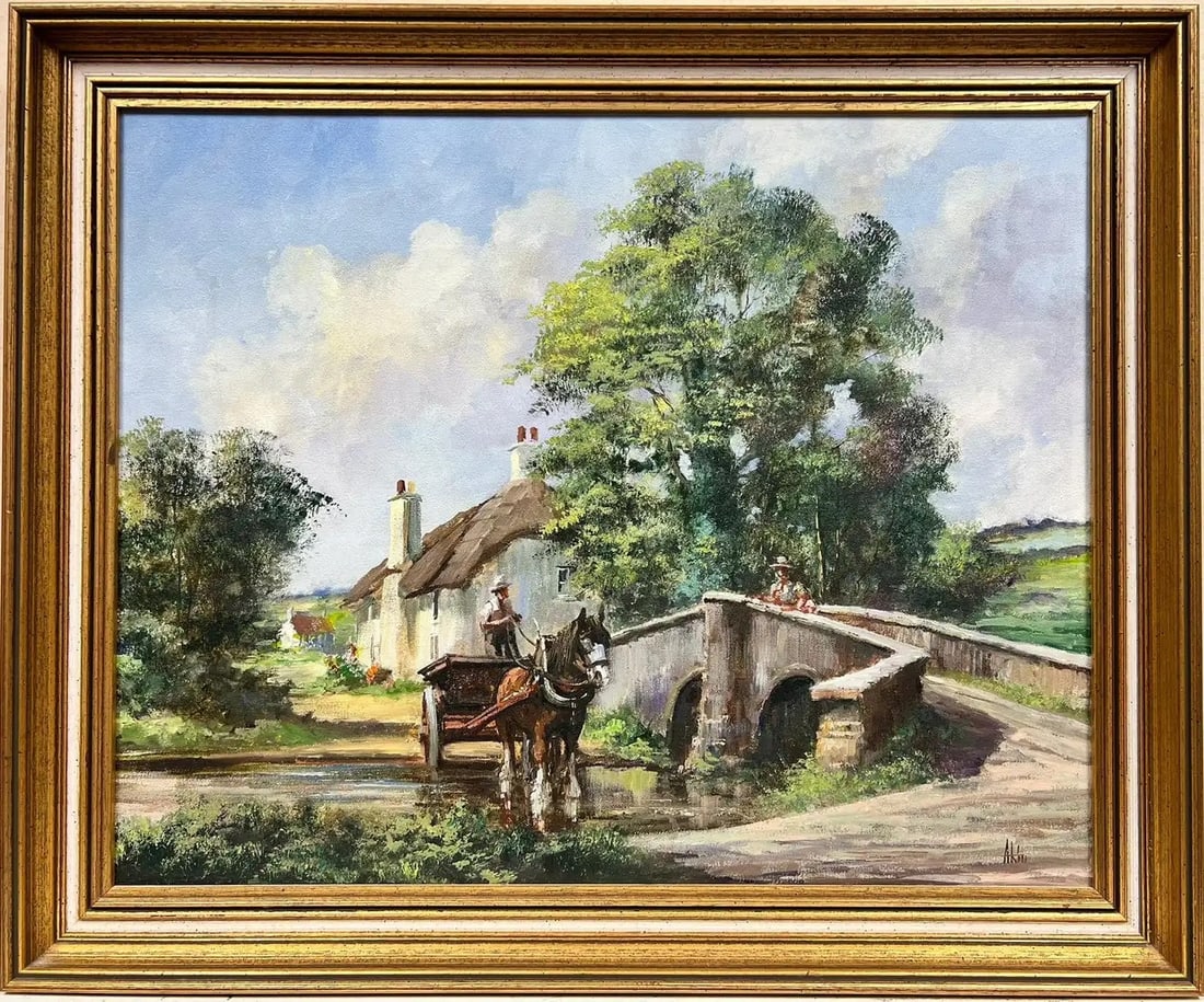 Traditional English Rural Oil Painting Horse & Cart Crossing Stream in Fields (1 of 7)