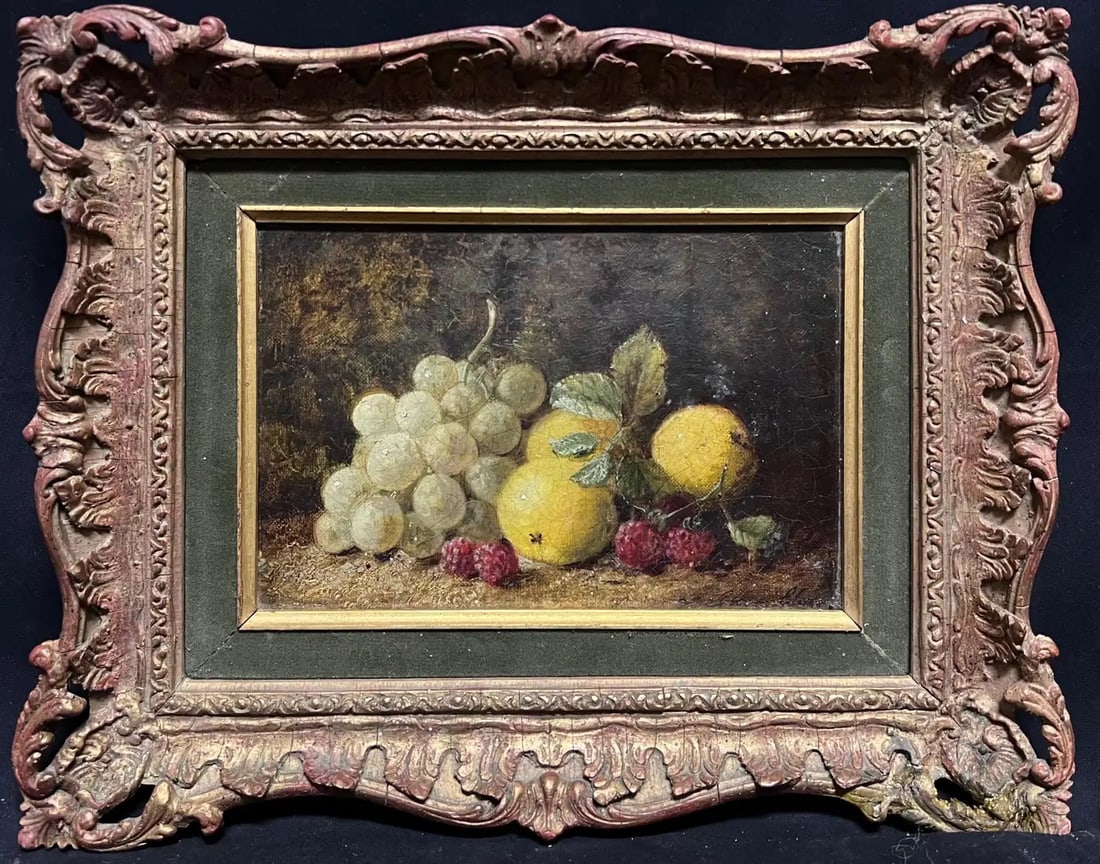 Fine Victorian English Fruit Still Life Grape, Lemons & Raspberries Oil Painting: Still Life of Fruit by Oliver Clare (British 1853-1927) oil on canvas, framed framed: 11 x 14 inches canvas : 6 x 9 inches Provenance: private collection, England Condition: very good condition Descri