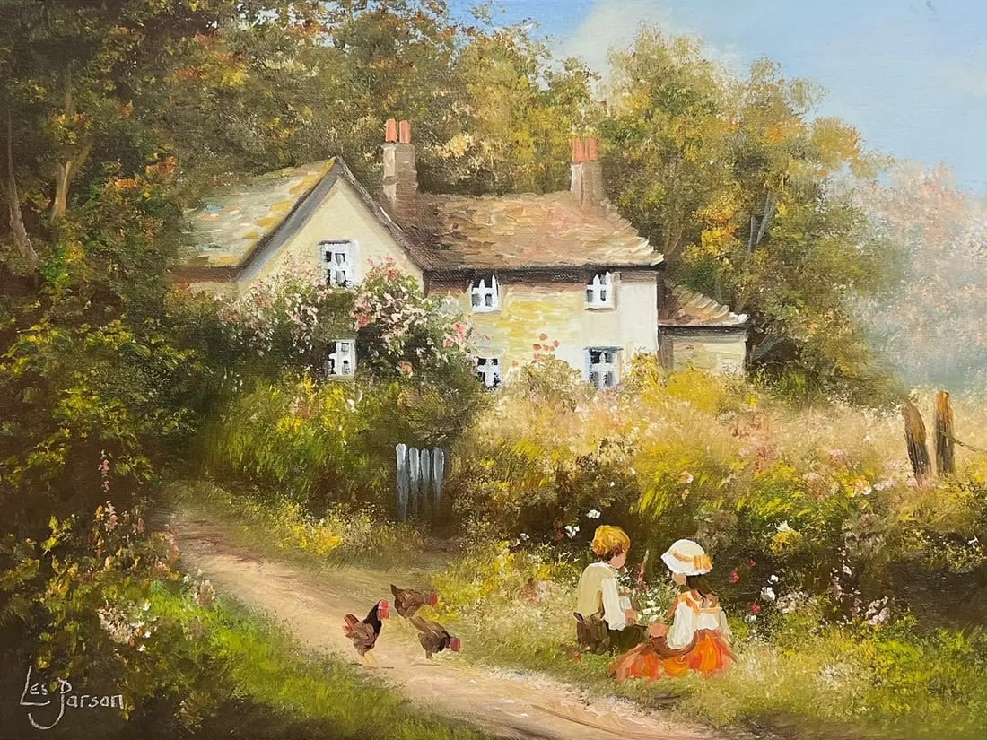 Traditional English Oil Country Cottage Children Playing in Lane & Chickens: The Country Lane by Les Parsons (British b. 1945) * see below signed oil on canvas, framed in swept gilt frame. framed: 15.5 x 19.5 inches canvas: 12 x 16 inches provenance: private collection, Englan