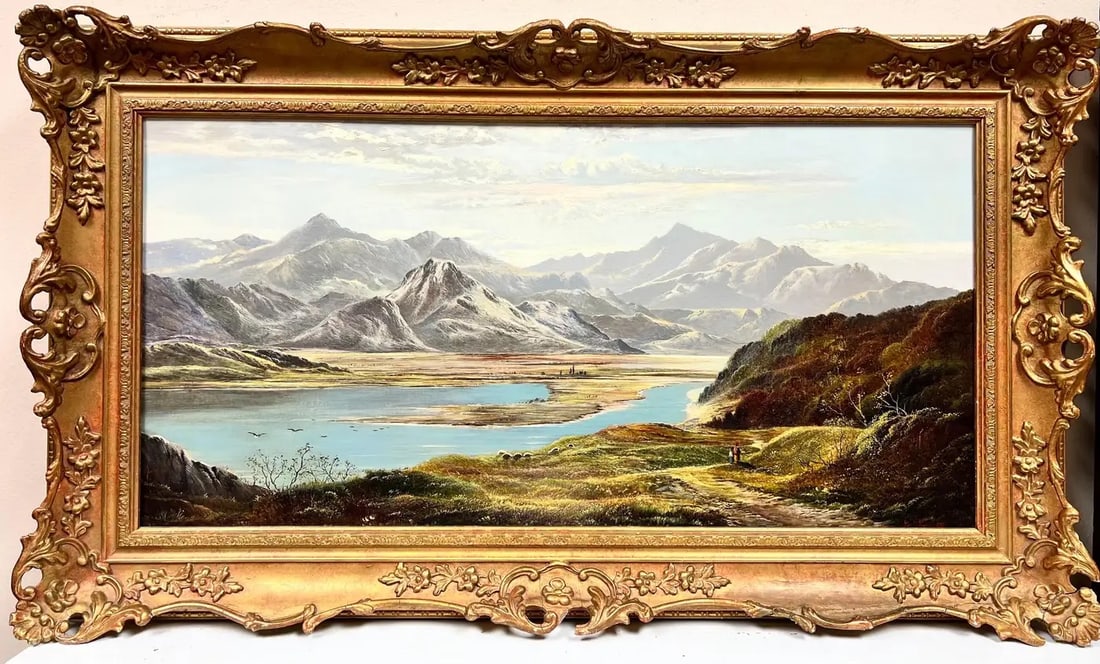 Very Fine Victorian Scottish Signed Oil Painting Panoramic Loch Scene Mountains c. 1875: Artist/ School: Charles Leslie (British 19th century), signed and dated 1875 Title: The Panoramic Loch. Beautiful and majestic Scottish Highlands loch scene with figures walking along the ancient path