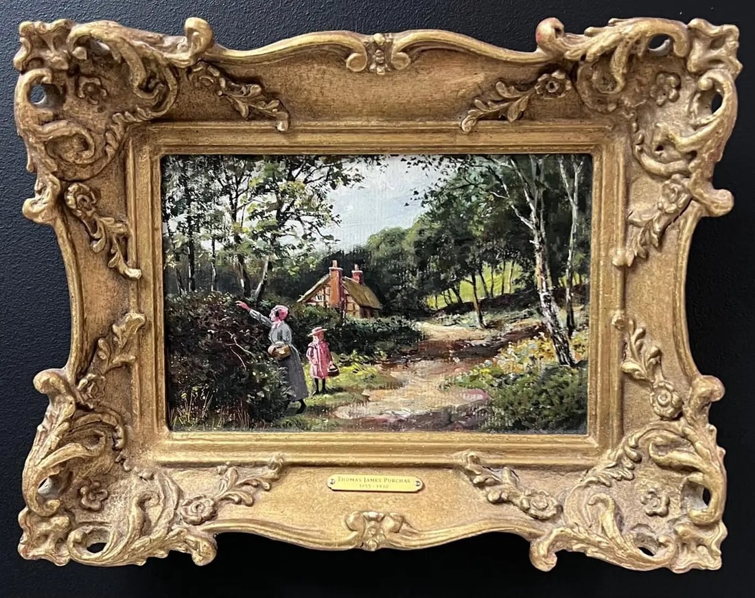 Blackberry Picking Figures in Rural Cottage Lane Victorian Oil Painting (1 of 8)