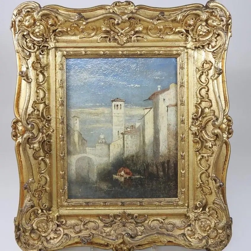 The Venetian Backwater Canal Fine Period c.1850's Oil Painting Gilt Frame: The Venetian Backwater British School, c. 1850's circle of Joseph Mallord William Turner (British 1775-1851) oil painting on panel, framed panel: 23cm x 18cm Very fine quality period British oil paint