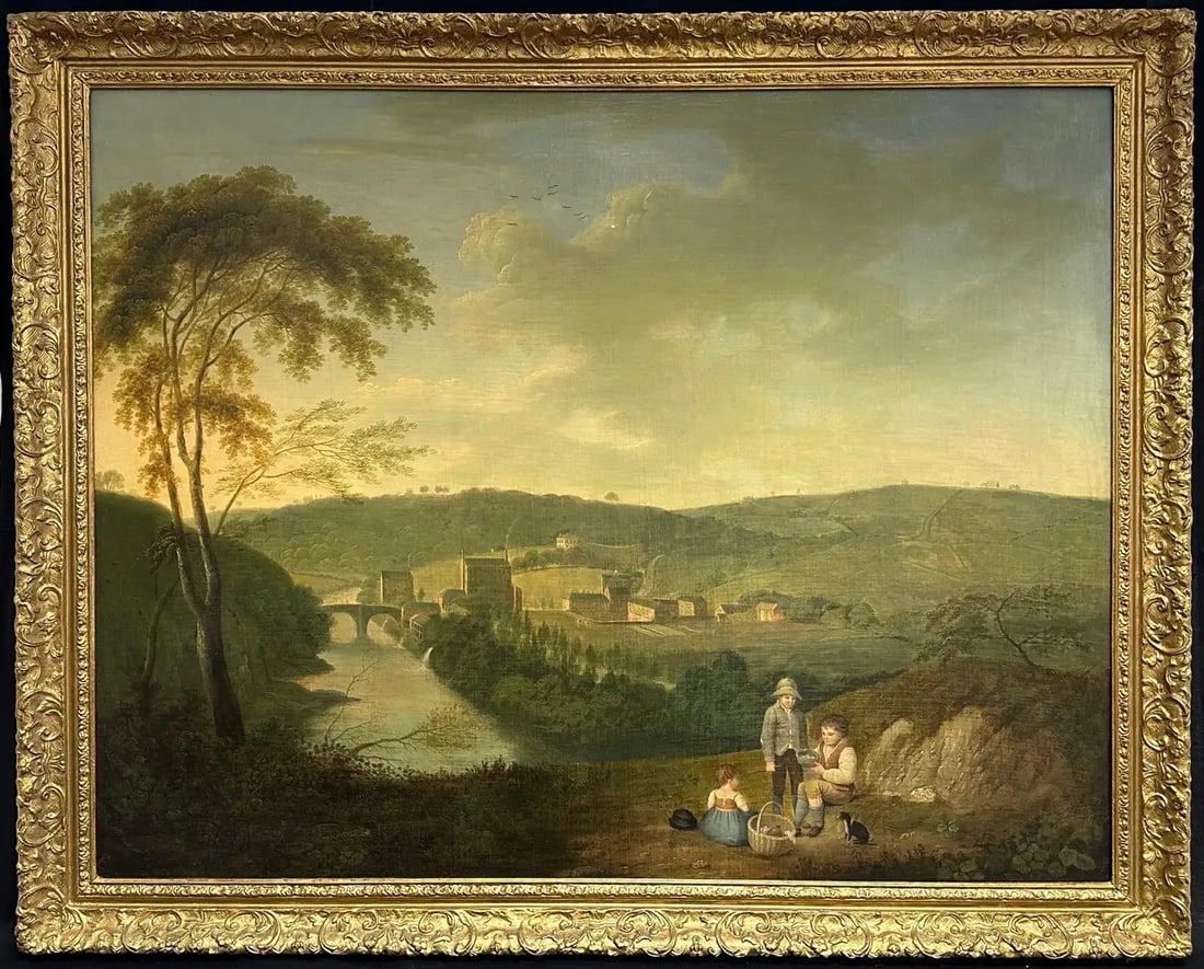 Huge Georgian 1820's English Oil Industrial Landscape with Mills Children Picnic: "Extensive Early Industrial Landscape with Mill" by John Pennington (1773-1841, British) subsidiary buildings, bleaching fields and a country house beyond, three children with a bird's nest to fore, s