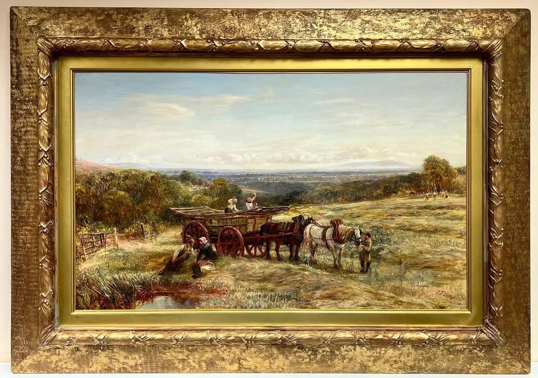 Huge Victorian Signed Oil Painting Hay Making in the Surrey Horse & Cart: Artist/ School: Charles Thomas Burt (British, 1823-1902), signed lower corner Title: Haymaking in Surrey Medium: oil on canvas, framed in a fine antique gilt frame. Framed: 36 x 50.5 inches Painting: 