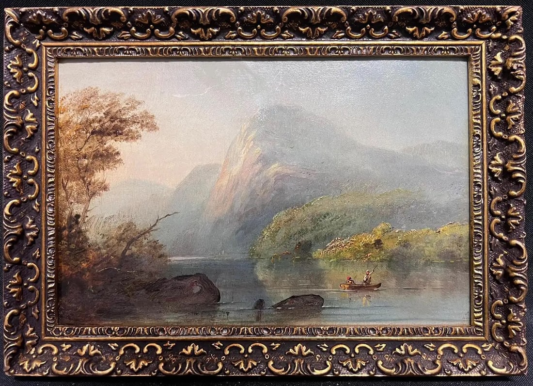 19th Century Scottish Oil Painting Anglers in Boat Atmospheric Loch Scene: Anglers in Scotland British School, mid 19th century oil painting on board, framed framed: 7.5 x 10.5 inches board: 6 x 9 inches provenance: private collection, UK condition: very good and sound condi