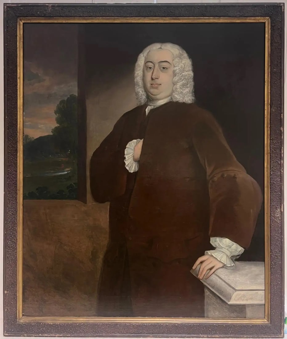 Fine 18th Century English Portrait of Aristocratic Gentleman Huge Oil Painting: Portrait of an Aristocratic English Gentleman circle of Thomas Hudson (British (1701-1779) oil on canvas, framed framed: 53.5 x 45 inches painting: 45 x 40 inches provenance: private collection condit