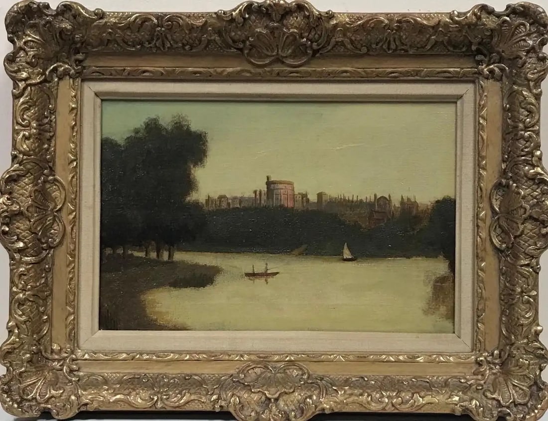 Windsor Castle from the River Thames, signed Victorian Oil Painting, framed 19th century: Artist/ School: by J. Lewis, British late 19th century, signed lower left corner Title: Windsor Castle at Sunset, viewed from the River Thames Medium: oil on canvas, framed Framed: 12.75 x 16.5 inches