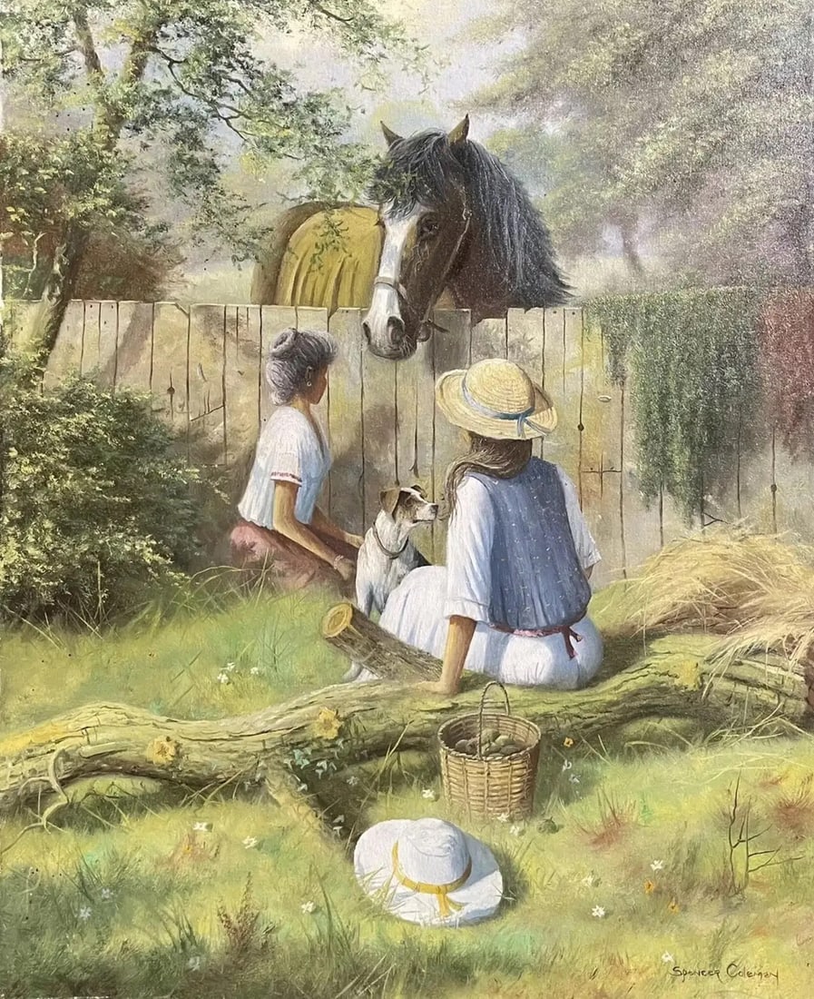 Signed English Oil Painting Children Feeding Horse With Terrier Dog Lovely image c. 2000's: Artist/ School: Martin Spencer Coleman, British b. 1952, signed. Title: Young Companions. Medium: oil painting on canvas, unframed. Size: painting: 20 x 16 inches Provenance: private collection, Engla