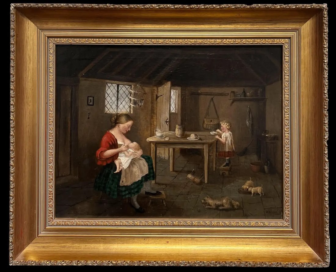 Mid Victorian Scottish Painting Rustic Cottage Interior Mother Feeding & Dogs 1850's: Feeding Time, the Cottage Interior Scottish School, 19th century signed lower corner oil on board, framed framed: 19 x 24 inches board: 14.5 x 18 inches Provenance: private collection, England Conditi